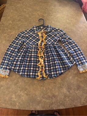 Matilda Jane Blue Plaid Ruffle-Trim Button Front Top